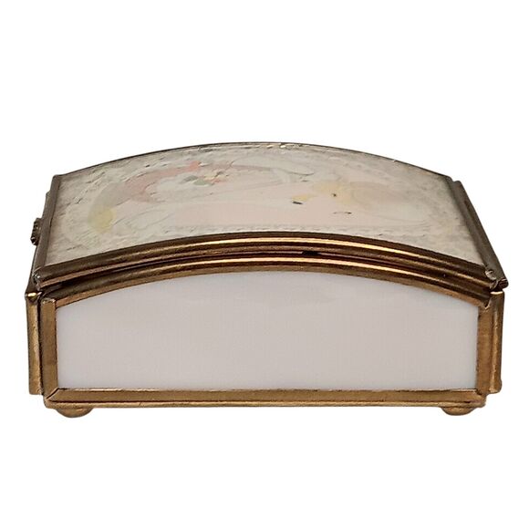 VTG Brass & Pink Slag Glass Trinket Box Cute Girl & Duck Make A Joyful Noise - Picture 3 of 16